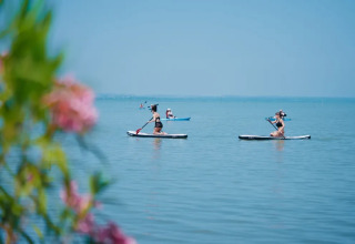 Persone fanno paddle board su un lago tranquillo vicino a Sant Arcangelo di Magione, Umbria, Italia, con fiori in primo piano.