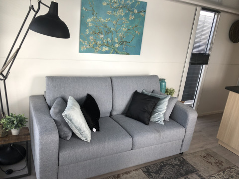Moderne woonkamer in Marina Parcs Amsterdam met grijze sofa, kussens, vloerlamp en kunst aan de muur.