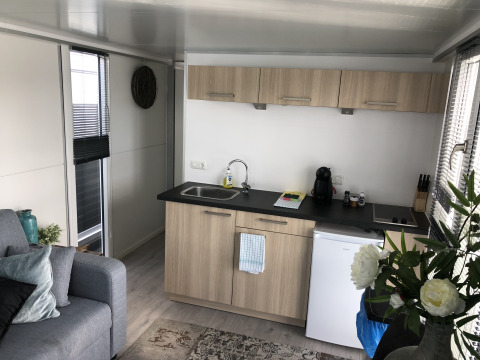 Moderne kitchenette in een vakantiewoning bij Marina Parcs Amsterdam met een bank, bloemen en licht interieur.