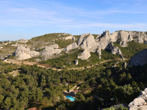 View of La Vallée Heureuse campsite and rocky landscape in Provence-Alpes-Côte d’Azur, southern France.