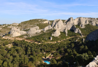 View of La Vallée Heureuse campsite and rocky landscape in Provence-Alpes-Côte d’Azur, southern France.