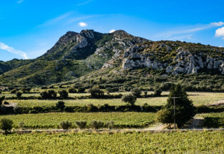 Mountainous landscape with vineyards near Orgon in Provence-Alpes-Côte d’Azur, France, under a blue sky.