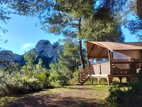 Premium Lodge safari tent nestled in the forest with mountain views and blue sky, perfect for nature stays.