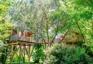 Stilted treehouse nestled in lush green trees at Domaine EcÔtelia holiday park, Nouvelle-Aquitaine, France.