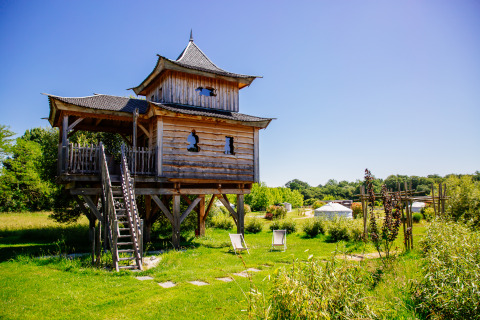 Boomhut Log cabin Temple perché met spa, omgeven door natuur en blauwe lucht in het zonlicht.