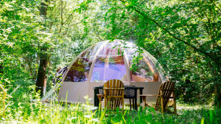 Tente safari Bubbel sous dôme transparent entourée de verdure avec chaises en bois et table dehors.