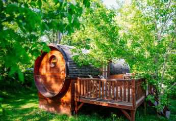 Een ronde houten hut met terras, omringd door weelderige groene bomen en zonnig licht in een bos.