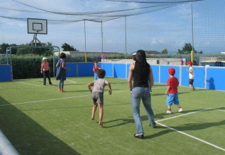 Kinder und Erwachsene spielen auf einem Outdoor-Sportfeld mit Netz im Flower Camping La Pointe du Talud, Bretagne.