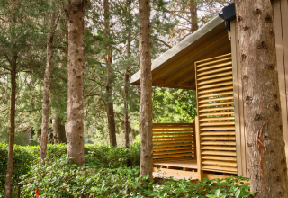 Mobil Home Premium au camping La Vallée Heureuse en France, entouré d’arbres et de verdure luxuriante.