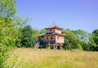 Casa sull'albero 'Temple perché' al Domaine EcÔtelia in Francia, circondata da erba e alberi verdi.
