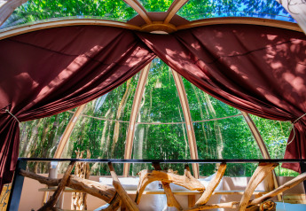 Innenansicht des Bubbel Safari-Zelts im Domaine EcÔtelia in Frankreich mit Panoramafenster zum Wald.
