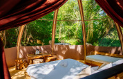 Interior de la tienda safari «Bubbel» en Domaine EcÔtelia, Francia, con vistas a la naturaleza y árboles.