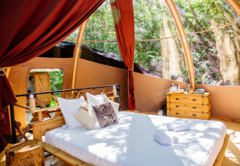 Tente safari Bubbel au Domaine EcÔtelia en France, avec lit confortable et vue sur la forêt environnante.