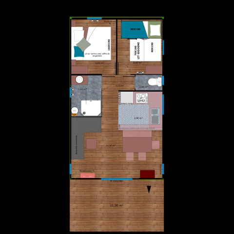 Grundriss des Océania Lodge im Domaine EcÔtelia, Frankreich, mit Schlafzimmer-, Bad- und Küchenaufteilung.