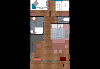 Floor plan of Océania Lodge at Domaine EcÔtelia, France showing detailed room layout and furniture placement.