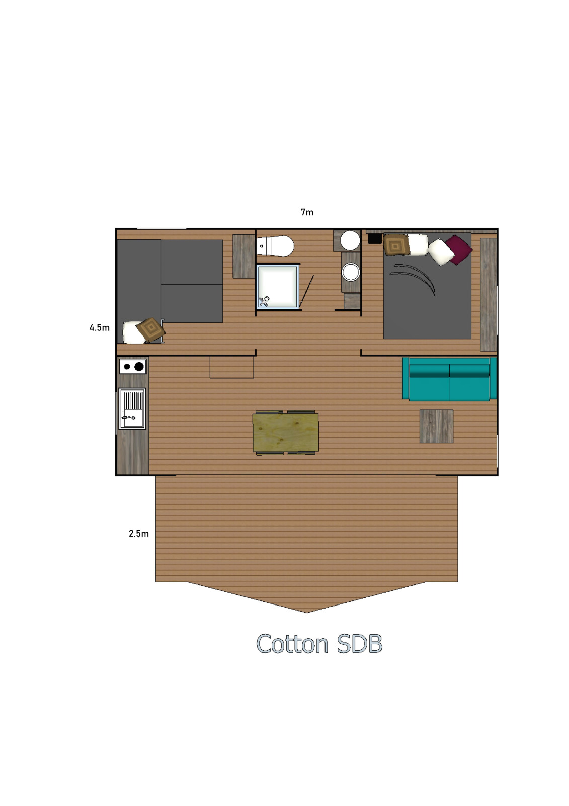 Plattegrond van de Cotton SDB safaritent bij Ushuaïa Villages Le Parc de la Grève met meubelindeling.