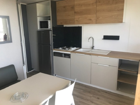 Cuisine moderne avec éléments en bois, table et électroménagers dans le Mobile home Premium LIVING en France.