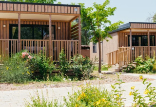 Dos modernos bungalows de madera, Cottage Next XL Loggia, en medio de vegetación en Trasimeno Glamping Resort, Italia.