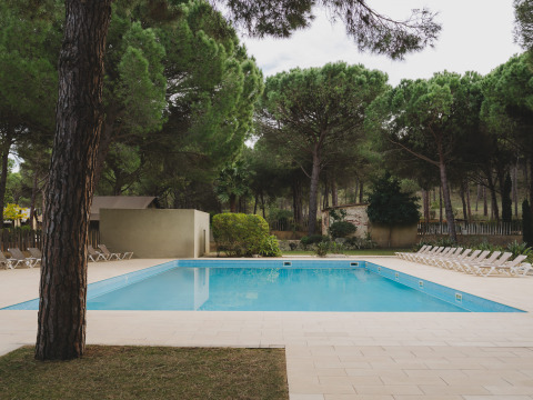 Buitenzwembad met ligstoelen en pijnbomen bij Wecamp L'Escala Punta Mila, vakantiepark in Catalonië.