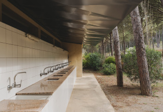 Zona de lavabos exteriores con varios grifos en Wecamp L'Escala Punta Mila, rodeada de pinos.