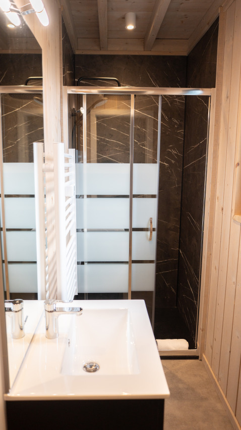 Moderno baño en Ecolodge - Care accessible en Hameau de l'Ourthe, Bélgica, con ducha acristalada.