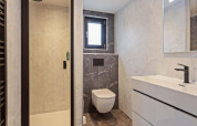 Modernes Badezimmer in einer Lodge mit wandhängender Toilette, Dusche, Fenster und Waschbecken.