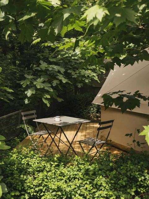 Coin salon extérieur près d'une tente safari, entouré de verdure luxuriante et d’arbres feuillus.