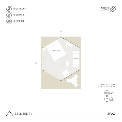 Plan de la Bell Tent à Wecamp San Sebastián, Espagne, pour 3 personnes, sans salle de bain ni cuisine.