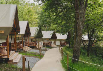 Tende safari disposte lungo un sentiero nel bosco, perfette per vivere un'esperienza glamping nella natura.