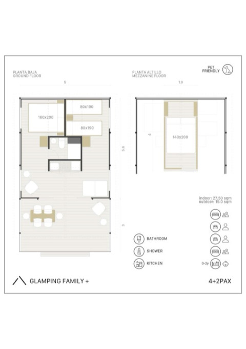 Plano del Glamping Family Plus en Wecamp San Sebastián con distribución de camas, baño y cocina.