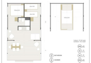 Plano del Glamping Family Plus en Wecamp San Sebastián con distribución de camas, baño y cocina.