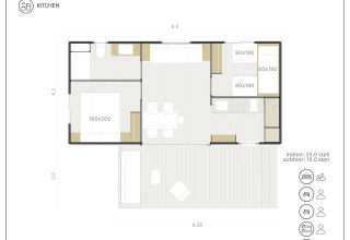 Plattegrond van Mobil Home Family Plus bij wecamp San Sebastián, geschikt voor 5 personen, met terras.