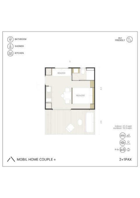 Plan du lodge Mobile Home Couple Plus avec cuisine, salle de bain, couchage 2+1 et animaux admis.