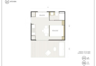 Plantegning af Mobile Home Couple Plus lodge med køkken, badeværelse, sovepladser til 2+1 og kæledyrsvenlig.