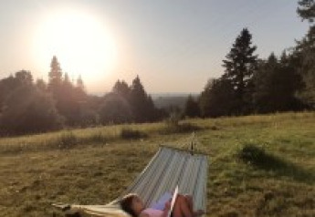 Persona che si rilassa leggendo su un’amaca in un campo erboso vicino a un lodge al tramonto.