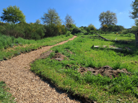 Wood chip path winding uphill through green grass and trees at a scenic glamping accommodation.
