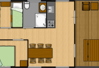 Plano del lujoso y espacioso Eco-lodge safari tent con dos dormitorios y gran terraza en Junora Camping.