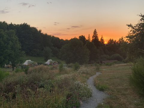 Tramonto al Campsite Junora in Francia con sentiero, fiori di campo e tende vicino al lodge Avignon.