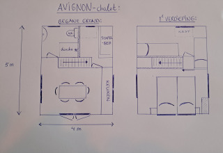 Plattegrond van chalet Avignon op Camping Junora in Frankrijk met indeling van begane grond en verdieping.