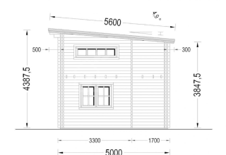 Architecturale tekening van de Avignon-lodge op camping Junora in Frankrijk met afmetingen en ramen.
