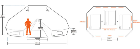 Diagramma e dimensioni dell’Emperor Bell Tent a Campsite Junora, con figura umana, finestre e porte segnate.
