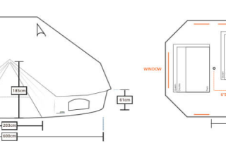 Diagram en afmetingen van Emperor Bell Tent op Campsite Junora, met persoon, ramen en deuren gemarkeerd.