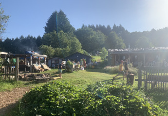 Familien und Kinder genießen den sonnigen Tag bei Bell tent 6M am Campsite Junora in Frankreich.