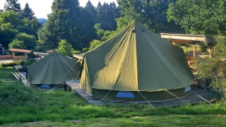 Deux tentes Bell sur plateforme en bois à Bell tent 6M lodge, entourées de verdure et d’arbres majestueux.