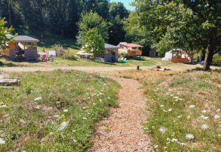Pathway lined with wildflowers leads to Bell tent 6M and cabins at Campsite Junora in rural France.