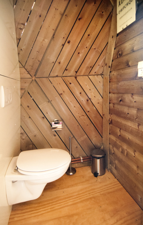 Salle de bain avec murs et sol en bois d’une tiny house Wooden Igloo au Holiday Park Delftse Hout, Pays-Bas.