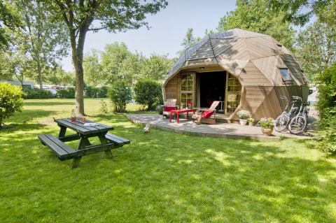 Træiglo-tiny house ved Holiday Park Delftse Hout, Holland, med cykler, bænk og frodigt grønt græs.