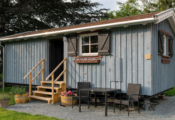 Tiny house bleue en bois avec escalier et coin salon extérieur, prise dans un jardin verdoyant en journée.