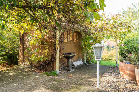Hyggelig haveplads ved en hytte i Niederaula, Tyskland, omgivet af grønne planter og træer.