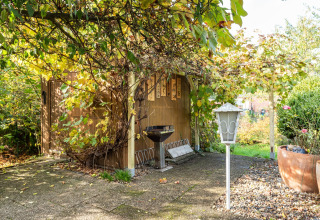 Hyggelig haveplads ved en hytte i Niederaula, Tyskland, omgivet af grønne planter og træer.